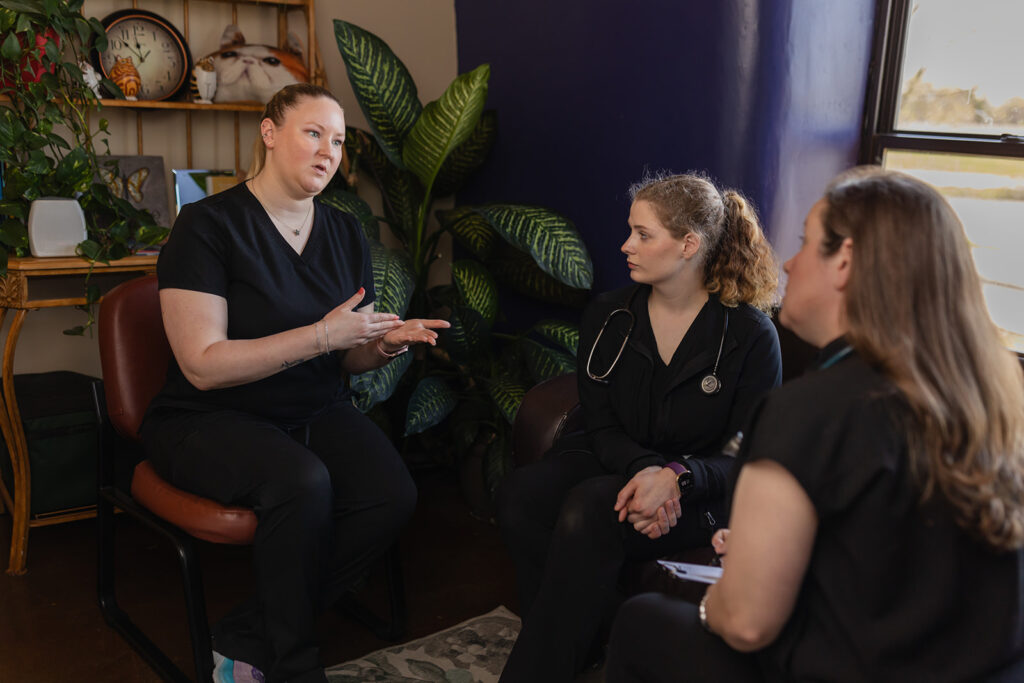 Demonstrates Dr. Courtney mediating a discussion between two team members